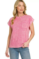 Zenana Hot Pink Halo Snow Washed Cuffed Short Sleeve Tee