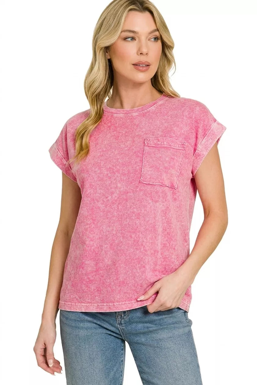 Zenana Hot Pink Halo Snow Washed Cuffed Short Sleeve Tee