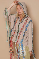 POL Contrast Thread Peace Back Hooded Sweater in Dust Storm Shirts & Tops