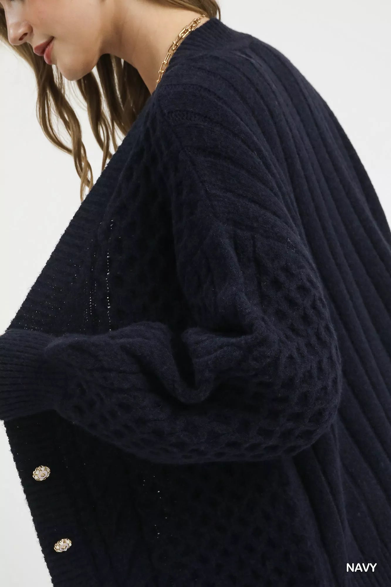 Umgee Cable Knit Pearl Button Cardigan
