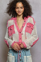 POL Pink Multi Texture Woven Button Down Hooded Shirt with Drawstring Hem PINK MULTI