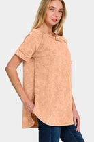 Zenana Heathered Round Neck Short Sleeve Top in Brush Trendsi