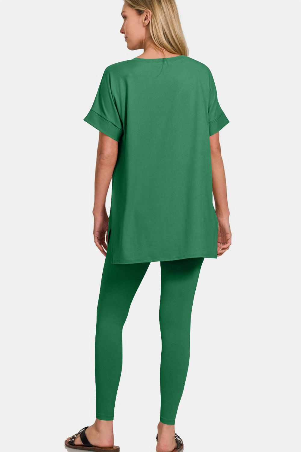 Zenana Forest Green V-Neck Rolled Short Sleeve T-Shirt and Leggings Lounge Set Trendsi