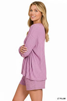 Zenana Light Plum Soft Melange Long Sleeve Tee and Shorts Set
