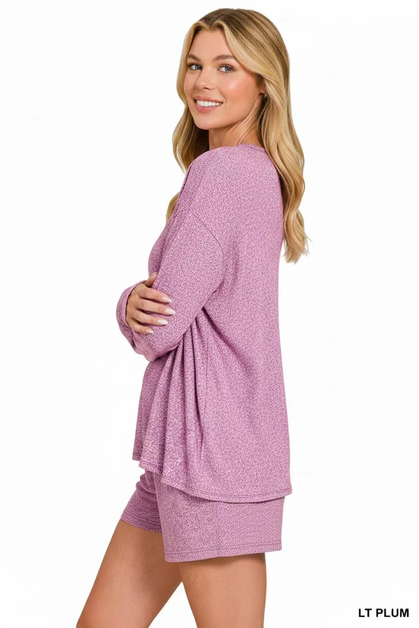 Zenana Light Plum Soft Melange Long Sleeve Tee and Shorts Set
