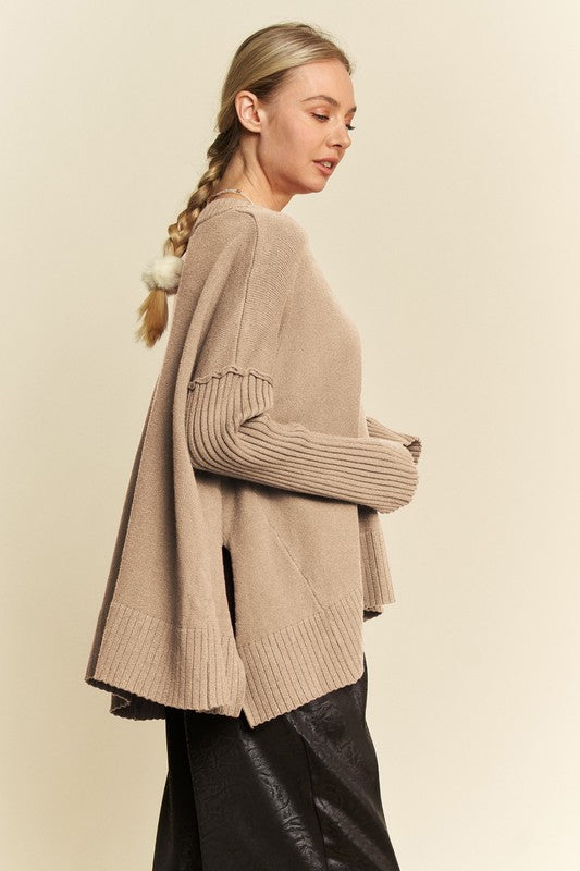 Davi & Dani Tan Ribbed Side Slit V-Neck Sweater