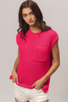 BiBi Fuchsia Patch Pocket Cap Sleeve Sweater Top Fuchsia Trendsi