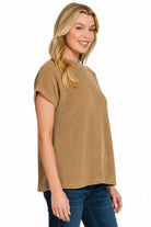 Zenana Deep Camel Chenille Waffle Cap Sleeve Sweater
