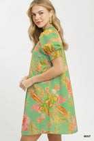 Umgee Mint Botanical Print Dress with Smocked Cuffs