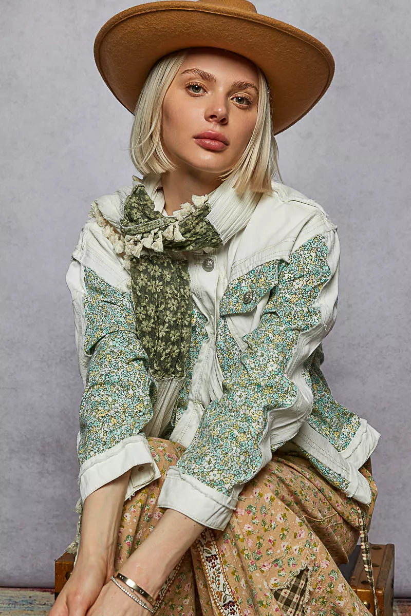 POL Off White Button Down Patchwork Denim Jacket with Floral Print Details