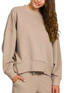 Zenana Ash Mocha Ribbed Round Neck Pullover and Drawstring Pants Set