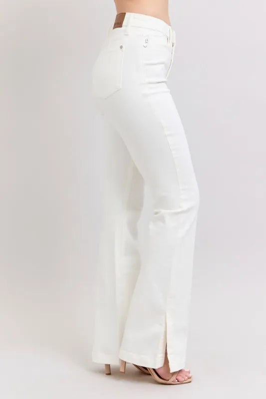 Judy Blue White High Waist Side Slit Slim Bootcut Jeans