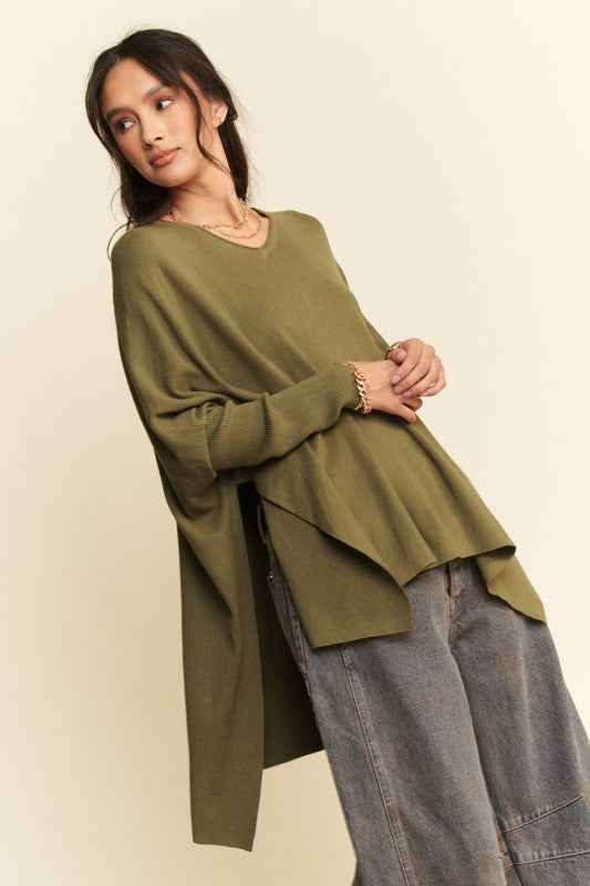 Davi & Dani Olive High-Low Side Slit Batwing Sleeve Top