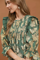 Umgee Sage Mix Floral Print Smocked Ruffle Detail Flowy Dress