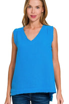 Zenana Deep Sky Double Gauze Raw Edge V-Neck Tank DEEP SKY