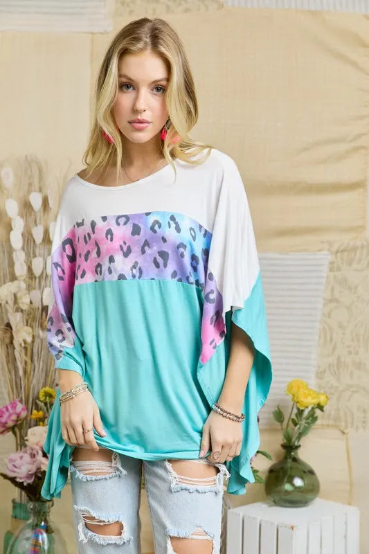 ADORA Colorblock Poncho Style Tunic Top AQUA