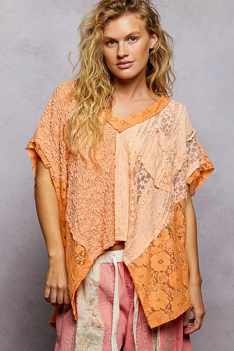 POL Orange Asymmetrical V-Neck Short Sleeve Lace Top ORANGE