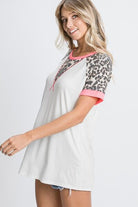 Heimish Ivory Leopard Round Neck Short Sleeve T-Shirt with Stitch