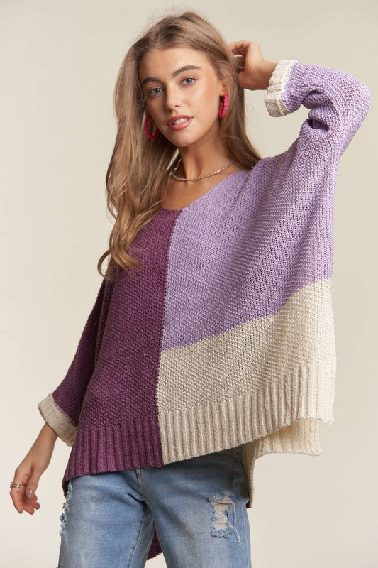 ADORA Deep Purple Side Slit Color Block Long Sleeve Sweater