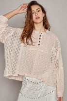 POL Round Neck Long Sleeve Raw Edge Lace Top Blush Trendsi