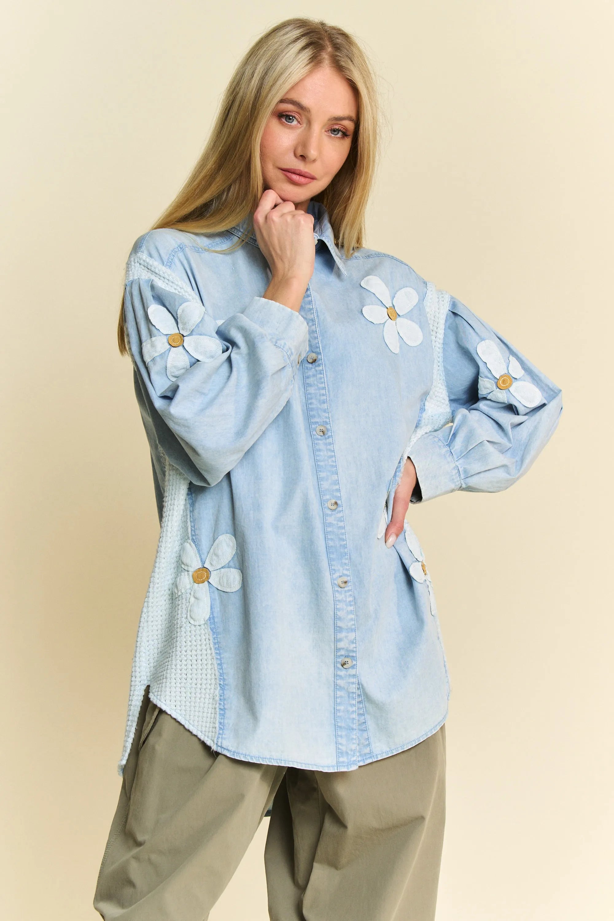 Davi & Dani Lightweight Denim Washed Daisy Patch Waffle Knit Shirt LIGHT DENIM