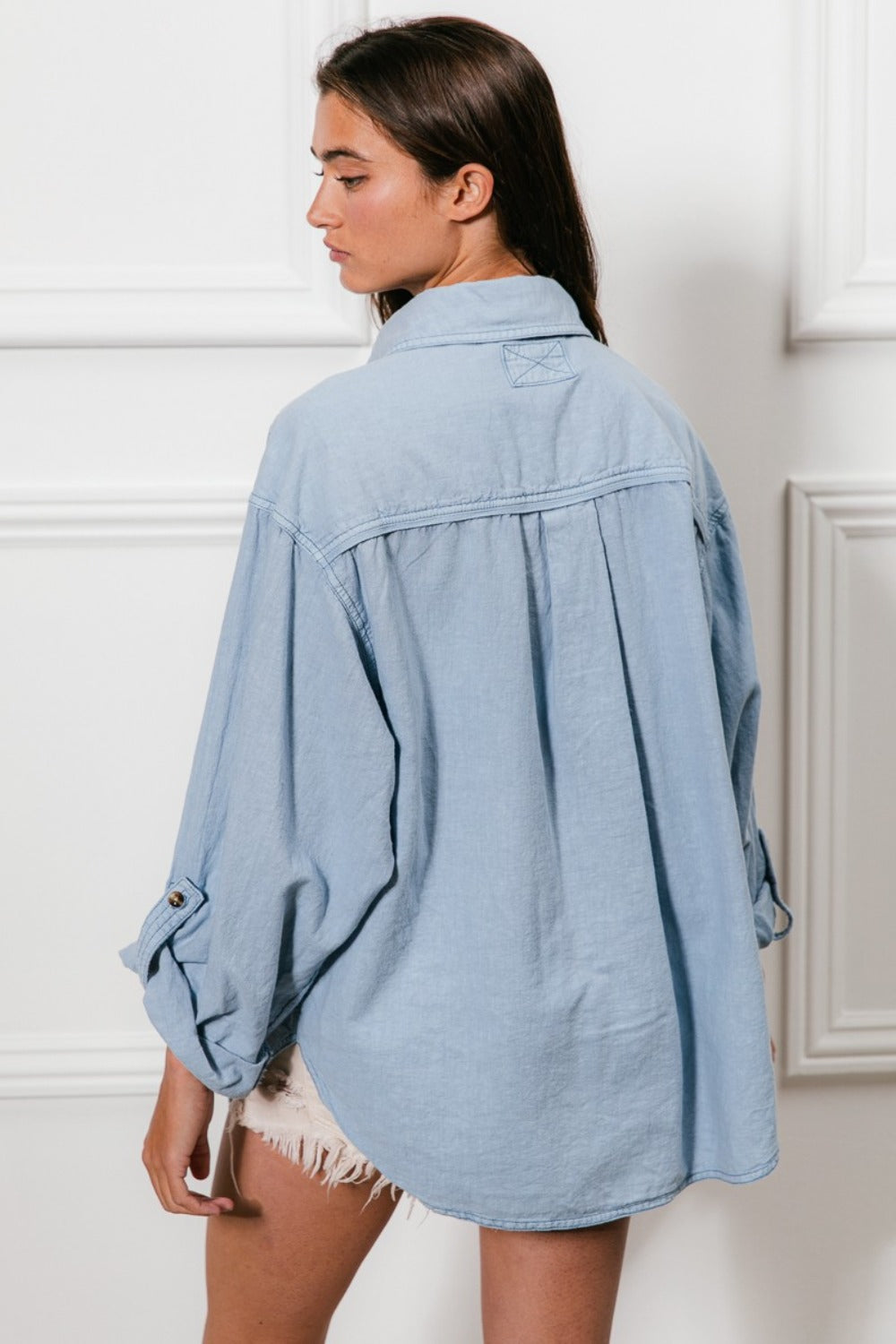 BiBi Denim Blue Button Down Stitch Detail Shirt with Chest Pockets Trendsi