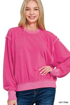 Zenana Hot Pink Soft Fleece Pigment Dye Round Neck Pullover