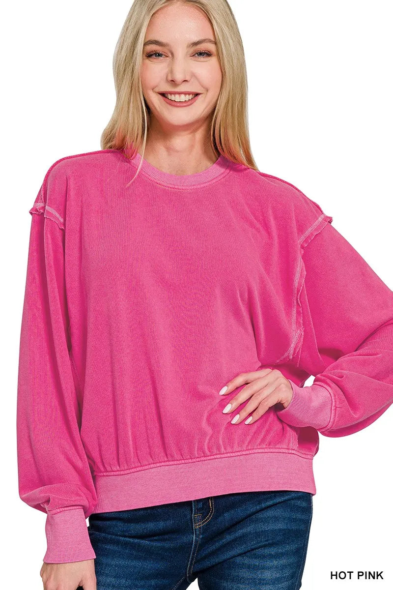 Zenana Hot Pink Soft Fleece Pigment Dye Round Neck Pullover