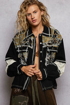 POL Printed Woven Mix Raw Hem Jacket with Lace Detail Black