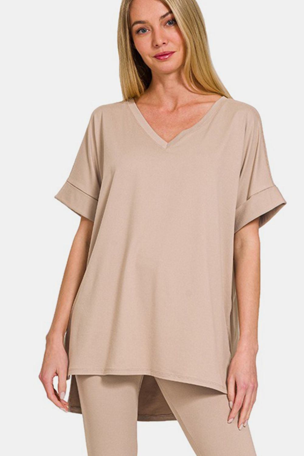 Zenana Light Mocha V-Neck Rolled Short Sleeve T-Shirt and Leggings Lounge Set Trendsi
