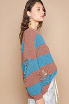 POL Striped Distressed Long Sleeve Sweater Shirts & Tops