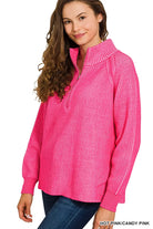 Zenana Ribbed Two-Tone Half Zip Sweater in Hot Pink/Candy Pink