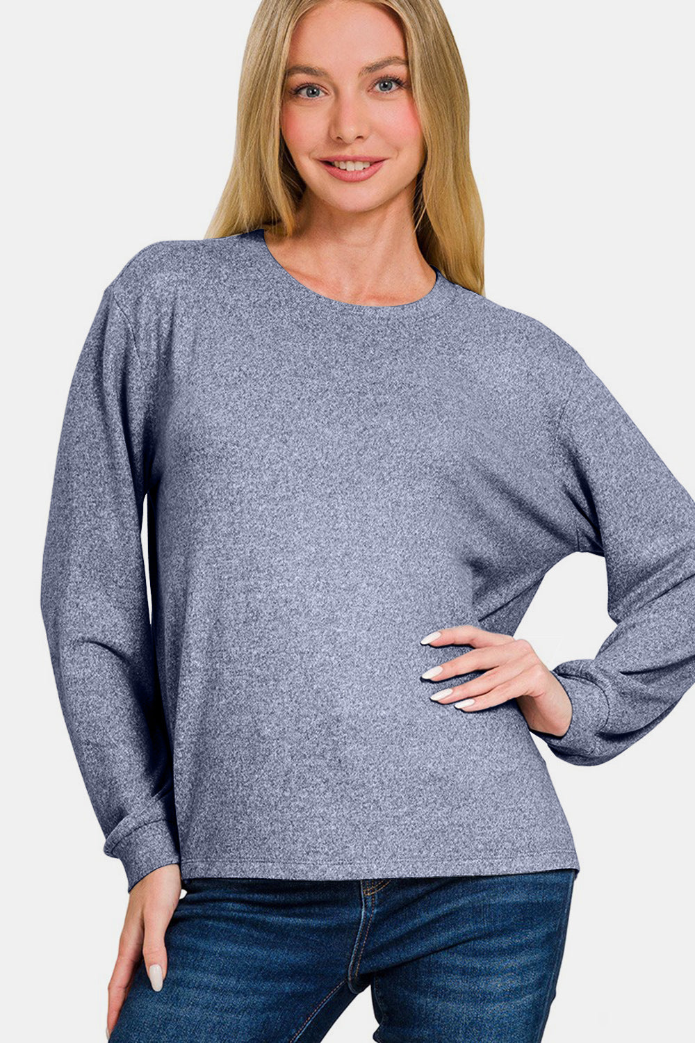 Zenana Light Navy Hacci Round Neck Long Sleeve T-Shirt LT Navy Shirts & Tops