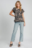 Umgee Ruffled Landscape Print Short Sleeve French Terry Top in Dark Gray Shirts & Tops