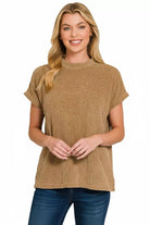 Zenana Deep Camel Chenille Waffle Cap Sleeve Sweater