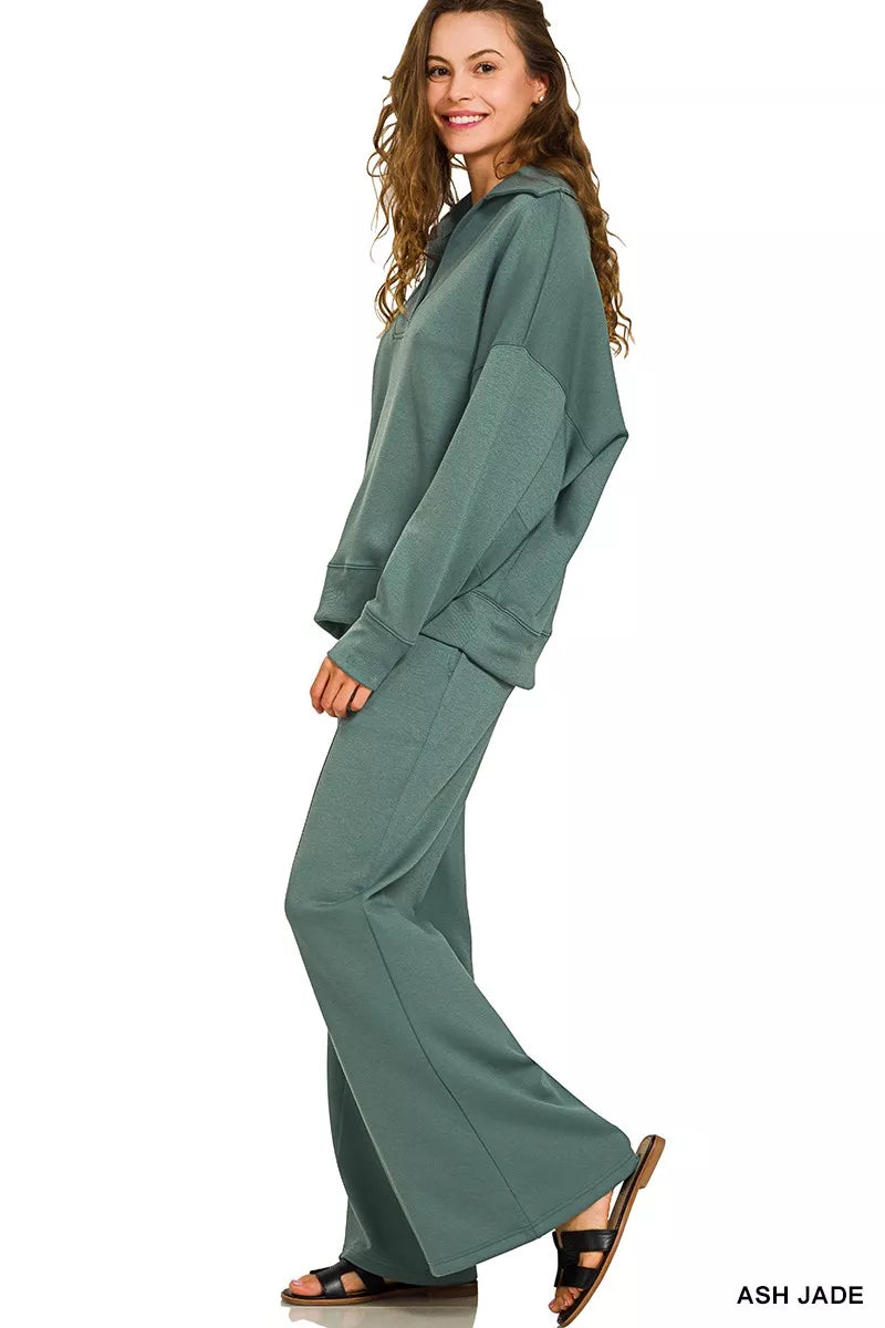 Zenana Ash Jade Scuba Collared Pullover and Pants Set