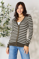 Zenana Dark Olive & Ivory Striped Snap Down Cardigan Dark Olive Ivory Trendsi