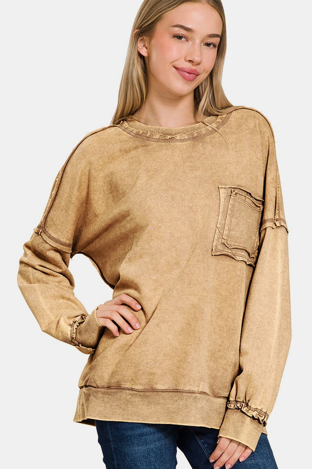 Zenana Camel Acid Washed French Terry Exposed Seam Dropped Shoulder Sweatshirt Shirts & Tops