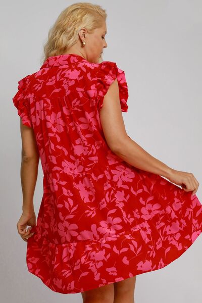 Umgee Red Floral Print Ruffle Cap Sleeve Tiered Dress