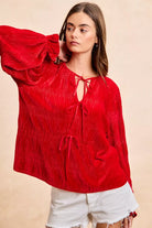 BiBi Red Christmas Theme Velvet Bow Tied Top With Neck Drop