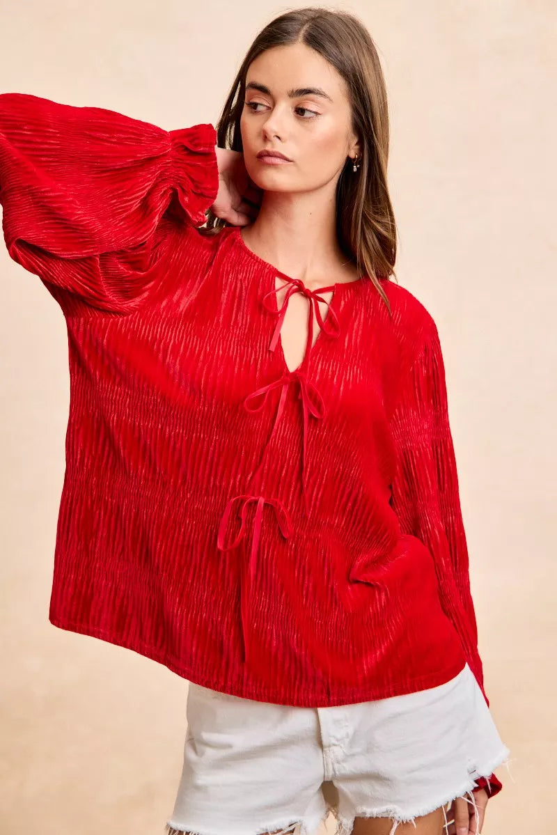 BiBi Red Christmas Theme Velvet Bow Tied Top With Neck Drop