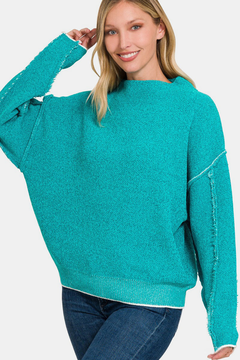 Zenana Light Teal Exposed Seam Mock Neck Long Sleeve Sweater Lt Teal Trendsi