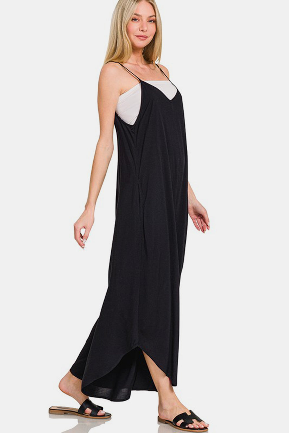 Zenana Black Spaghetti Strap Wide Leg Challis Jumper with Pockets Jumpsuits & Rompers