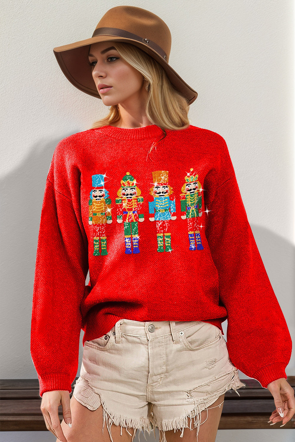 Preorder: Double Take Sequin Nutcracker Long Sleeve Sweater Red Trendsi