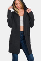 Zenana Black Hooded Open Front Sweater Cardigan Cardigan