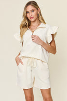 Double Take Quilted Textured Flounce Sleeve Top and Drawstring Shorts Set Cream Loungewear