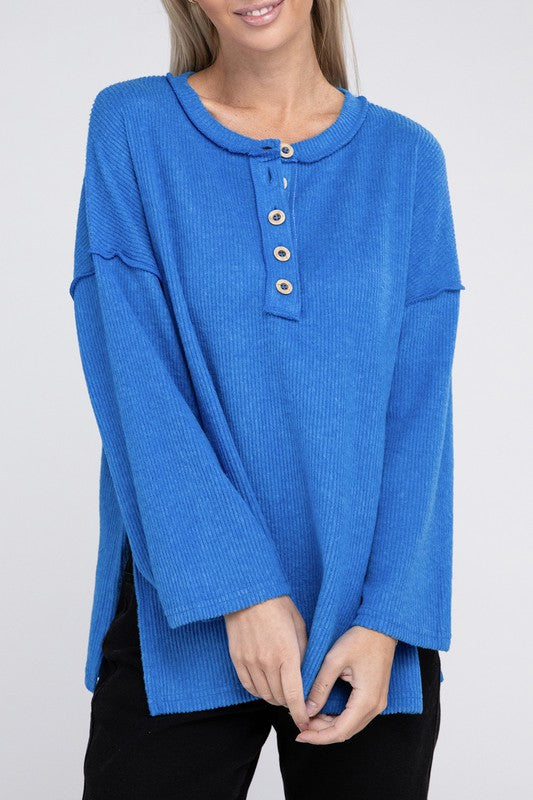 ZENANA Ribbed Brushed Melange Hacci Henley Sweater OCEAN BLUE ZENANA