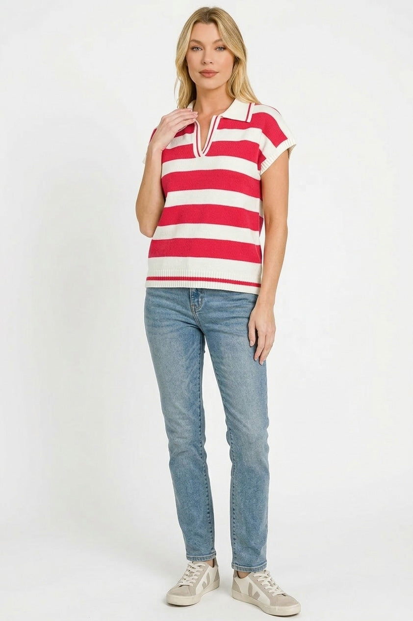 Zenana Red Striped Collared Short Sleeve Sweater