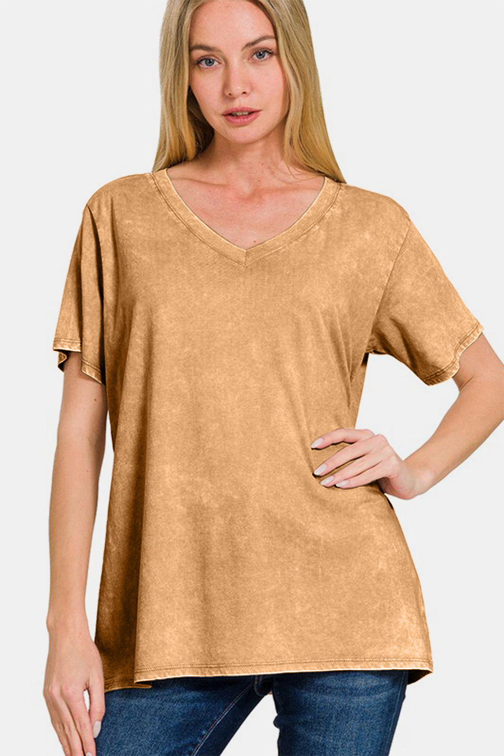 Zenana Camel Washed Short Sleeve V-Neck T-Shirt