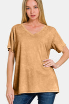 Zenana Camel Washed Short Sleeve V-Neck T-Shirt